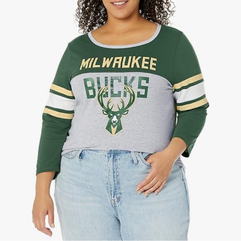 ☀️2/$20 Ultra Game Wmn’s NBA Official Milwaukee Bucks Baseball 3/4 Raglan Sleeve